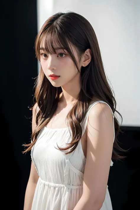 1girl,hair with bangs,white long dress, ,black background, <lora:KaewBNK48-04:1>