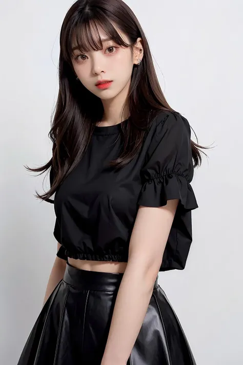 1girl,hair with bangs,black blouse and black skirt, ,white background, <lora:KaewBNK48-04:1>