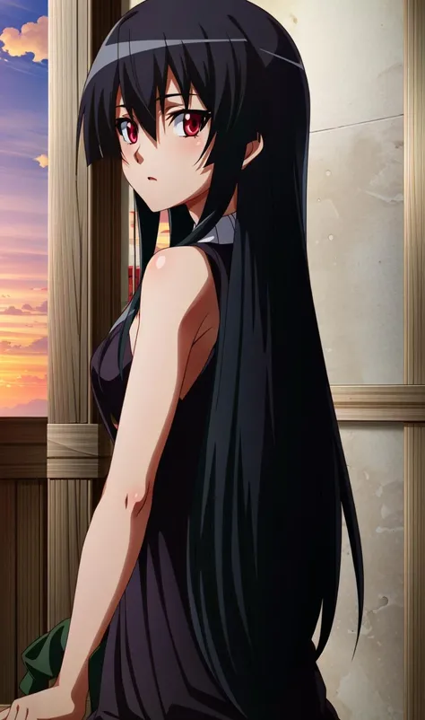 <lora:OGT_Akame-v1:0.7> (extremely detailed CG unity 4k wallpaper),(masterpiece),(ultra quality),(ultra-detailed),(best illustration),(best shadow),(absurdres),(detailed background),  Akame, 1girl, solo, red eyes, long hair, black hair, looking back, bare shoulders, from behind, looking at viewer, hime cut, indoors, bangs, outdoors, sunset