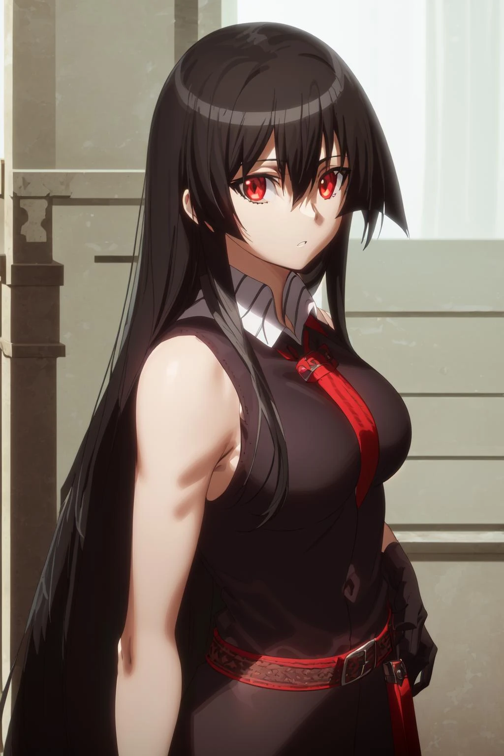 <lora:OGT_Akame-v1:0.7> Akame, ((masterpiece, best quality)), (((extremely detailed, intricate details, lush detail, insanely detailed face, beautiful light brown eyes, shiny skin, sharp eyes))), ((Indoors, dramatic shadows, vibrant colors, backlighting, depth of field, highleg, contrapposto, (very long hair))), (((solo, 1girl, shadow over face, glowing red eyes))), ((black hair)), ((medium breasts)), (( sleeveless black shirt, black skirt, white collar shirt, red belt, hidden hands)), bangs, hair between eyes, ass, big eyes, upper body, face focus, muscle, slim body, looking at viewer, long black gloves, red bracer, Standing outside at night with full moon