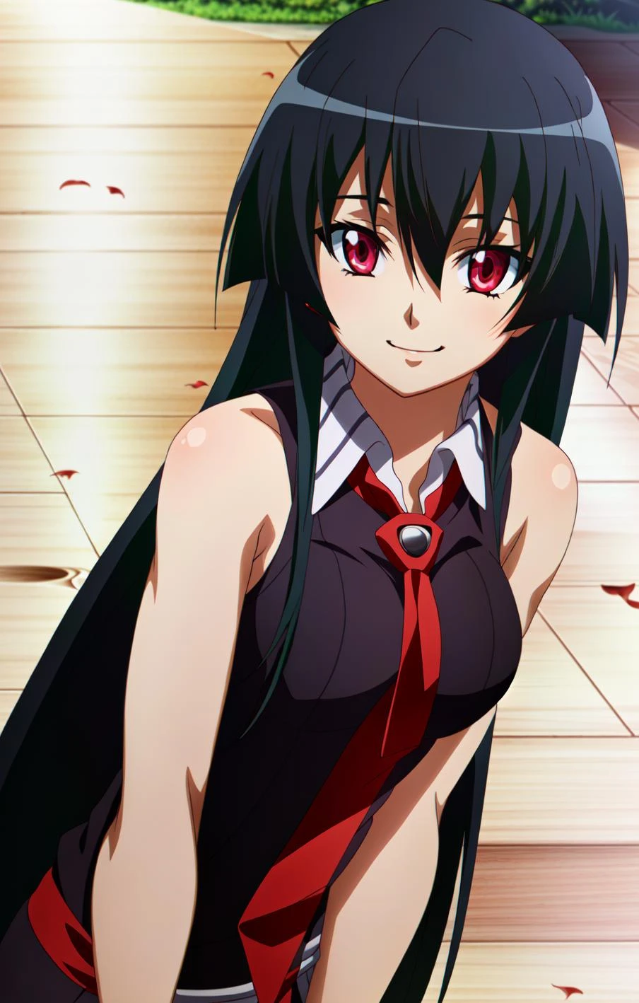 (extremely detailed CG unity 4k wallpaper),(masterpiece),(ultra quality),(ultra-detailed),(best illustration),(best shadow),(absurdres),(detailed background), <lora:OGT_Akame-v1:0.8> Akame, 1girl, black hair, solo, long hair, red eyes, smile, bare shoulders, anime coloring, leaf