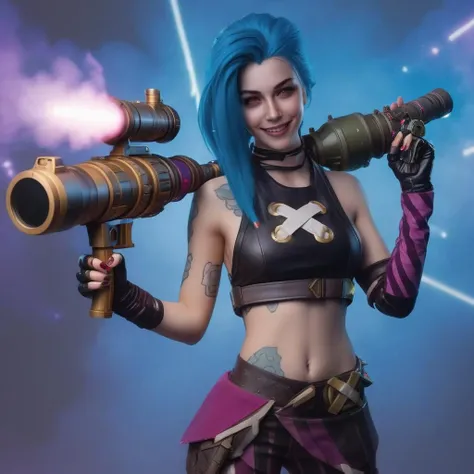 Jinx1024, full body,smile, holding a bazooka, sexy pose, cyberpunk background, detailed eyes, photography, highly detailed, sharp focus, trending on artstation, studio photo, intricate details, highly detailed, by greg rutkowski <lora:Jinx1024:0.9>
