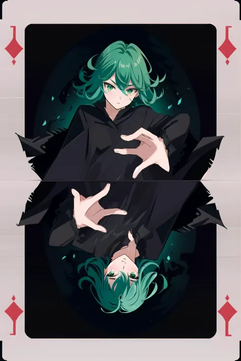 masterpiece, best quality, ultra-detailed, illustration, epic lighting, cinematic composition, isometric, 2girls, tatsumaki, card \(medium\), flat chest, black dress, long sleeves, green eyes, glowing eyes, closed mouth, piercing gaze, annoyed, (rich in details), masterpiece, Tindal effect, (Balance and coordination between all things), symmetrical, ice crystals, floating ice, particle effects, light blue theme, (8k:1.1), <lora:tatsumakiOnePunchMan_v10:0.8> <lora:ConceptCentrosymmetry_v10:1>
