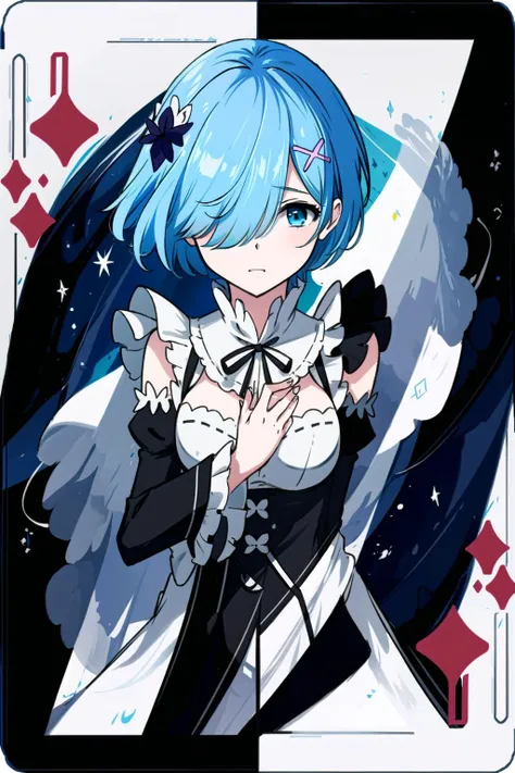 masterpiece, best quality, ultra-detailed, illustration, epic lighting, cinematic composition, isometric, <lora:remReZero_v10:0.5> 2girls, card \(medium\), rem_\(re_zero\), cute, medium breasts, blue hair, short hair, (hair over one eye:1.3), blue eyes, roswaal_mansion_maid_uniform:1.1, detached sleeves, (rich in details), masterpiece, Tindal effect, (Balance and coordination between all things), ice crystals, floating ice, particle effects, light blue theme, (8k:1.1), <lora:maplestoryStyle_v30:0.3> <lora:ConceptCentrosymmetry_v10:1>