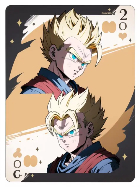 masterpiece, best quality, 2boys,card \(medium\), son gohan, super saiyan, blonde hair blue eyes <lora:ConceptCentrosymmetry_v10:1> <lora:sonGohanDragonBall_v10:1>