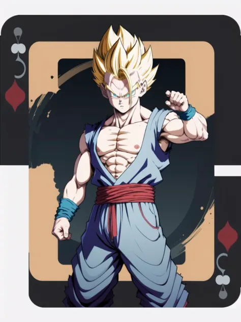 masterpiece, best quality, 2boys,card \(medium\), son gohan, super saiyan, blonde hair blue eyes <lora:ConceptCentrosymmetry_v10:1> <lora:sonGohanDragonBall_v10:1>