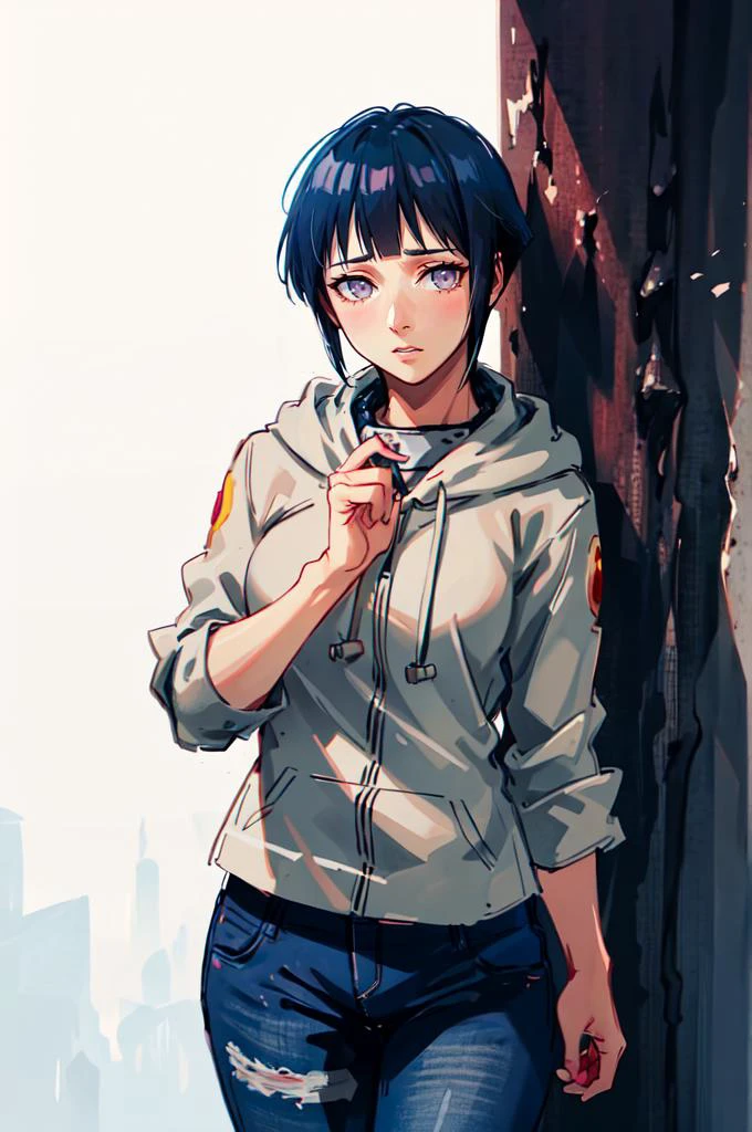 standing, solo, shy, blush, facing viewer, <lora:hinata_hyuuga:0.75> hinata_hyuuga, white eyes, no pupils, short hair, blue hair, blunt bangs, sidelocks, hoodie, forehead protector, jacket, blue pants, <lora:age_slider_v2:3>, absurdres, ultra detailed, masterpiece, best quality, aesthetic, detailed,