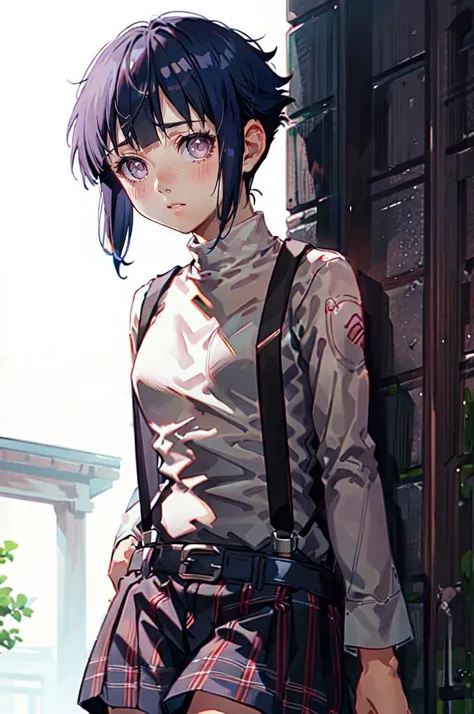 standing, solo, shy, blush, facing viewer, <lora:hinata_hyuuga:0.7> hinata_hyuuga, white eyes, no pupils, short hair, blue hair, blunt bangs, sidelocks, <lora:ShuujinAcademySchoolUniform:0.9> GirlSuspenders, (white turtleneck:1.3), suspenders, plaid skirt,, absurdres, ultra detailed, masterpiece, best quality, aesthetic, detailed,
