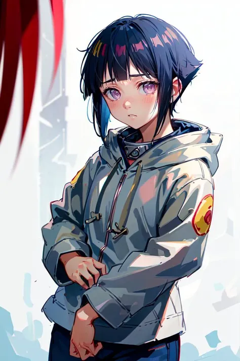 <lora:hinata_hyuuga:0.75> hinata_hyuuga, white eyes, no pupils, short hair, blue hair, blunt bangs, sidelocks, hoodie, forehead protector, jacket, blue pants, shy, blush, looking down, pov, facing viewer,, absurdres, ultra detailed, masterpiece, best quality, aesthetic, detailed,