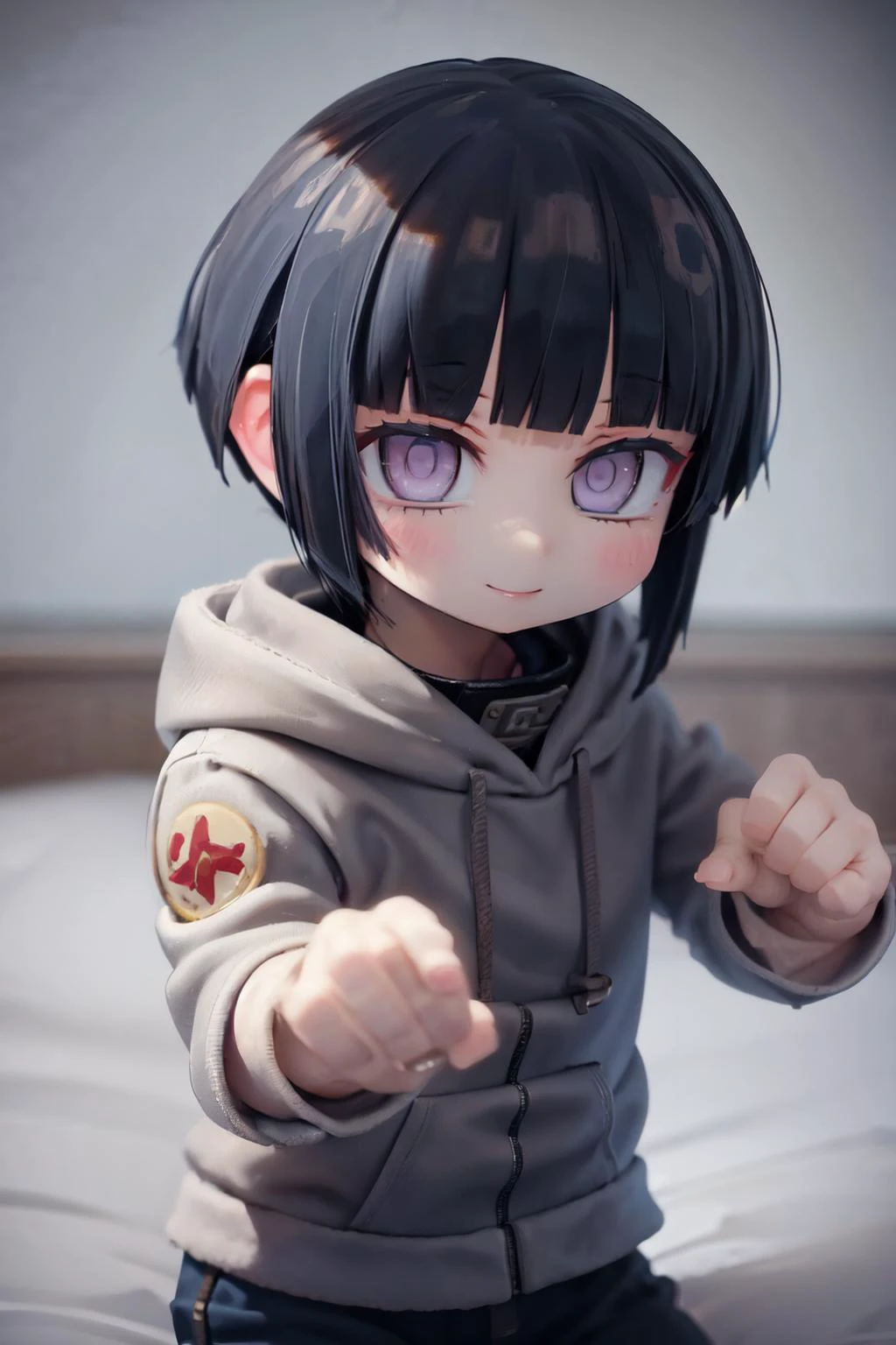 (masterpiece, best quality;1.3), extremely detailed, 1girl, solo, smile, looking at viewer,
hinata_hyuuga <lora:hinata_hyuuga:0.8>short hair, blue hair, blunt bangs, sidelocks, white eyes, no pupils,hoodie, forehead protector, jacket , lying on bed, PUNCHING