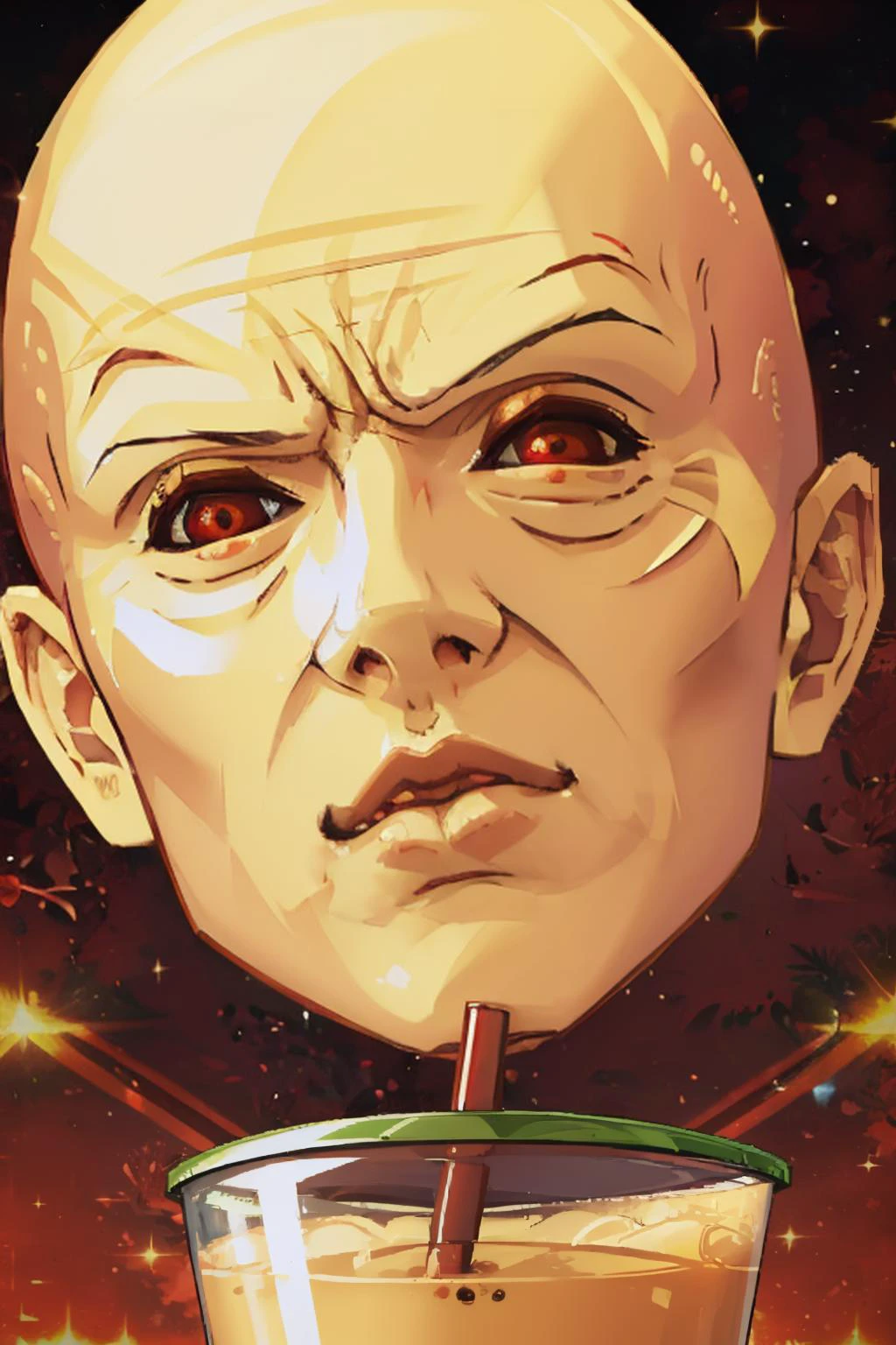 masterpiece, best quality, <lora:zs_YHVH:1> yhvhsmt, head, bald, yellow skin, red eyes, no humans, close up <lora:concept_bubbleteachallenge-16:1> bubble tea challenge, drinking straw