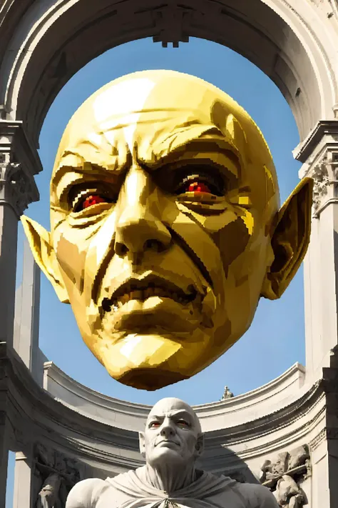 masterpiece, best quality, <lora:zs_YHVH:0.8> yhvhsmt, head, bald, yellow skin, red eyes, no humans, smirk, <lora:Marblegold-000009:0.4> marblegold, close-up, arch, architecture, gold