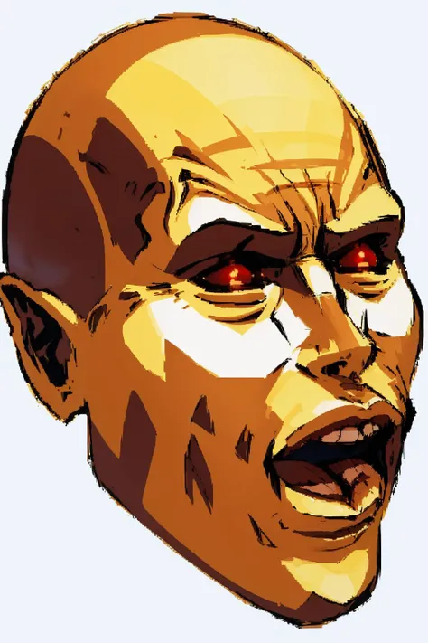 masterpiece, best quality, <lora:zs_YHVH:1> yhvhsmt, head, bald, yellow skin, red eyes, no humans, close up <lora:Pog:0.8> Pog, black background, simple background