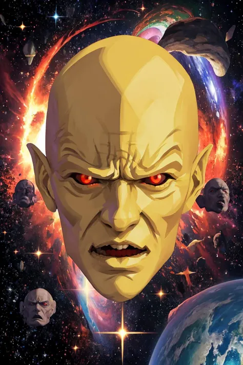 masterpiece, best quality, <lora:zs_YHVH:0.8> yhvhsmt, head, bald, yellow skin, red eyes, no humans, angry, space, galaxy, nebula, stars, black hole, super nova, cosmic, ascension