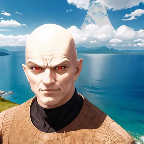 masterpiece, best quality, <lora:zs_YHVH:0.8> (yhvhsmt, head:1.2), bald, yellow skin, red eyes, no humans, smirk, <lora:haloring-halo-richy-v1:1> (haloringbg:1.1), horizon, cloud, mountainous horizon, ocean, vista
