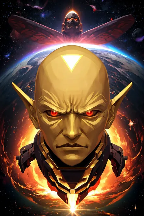masterpiece, best quality, <lora:zs_YHVH:0.8> yhvhsmt, head, bald, yellow skin, red eyes, no humans, angry, space, galaxy, nebula, stars, black hole, super nova, cosmic, ascension, forge, anvil, ghostly, ghastly, ethereal, reflective, shiny, golden, gold, gold trim, smith, black, dark, darkness