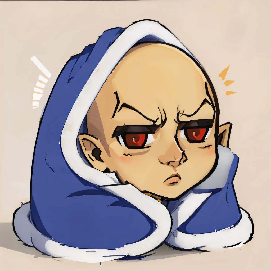 masterpiece, best quality, <lora:zs_YHVH:1> yhvhsmt, head, bald, yellow skin, red eyes, no humans, close up <lora:cozyblanket-nvwls-v1:1> cozyblanket, chibi, simple background