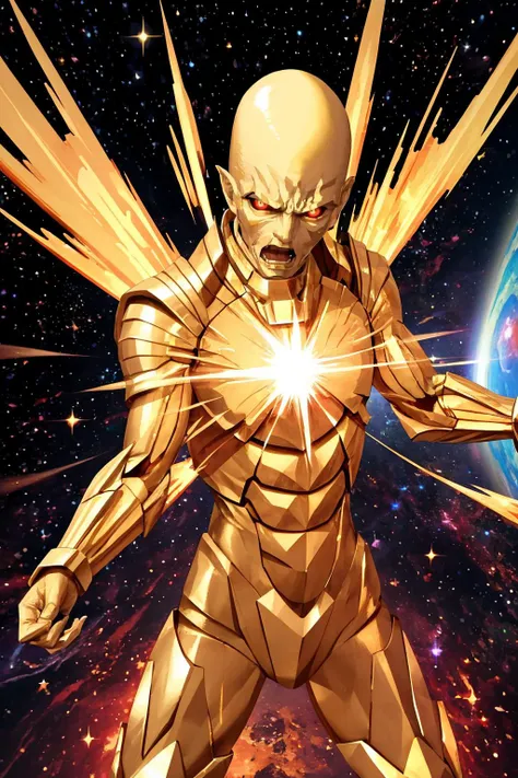 masterpiece, best quality, <lora:zs_YHVH:0.8> yhvhsmt, head, bald, yellow skin, red eyes, no humans, angry, space, galaxy, nebula, stars, black hole, super nova, cosmic, ascension, forge, anvil, ghostly, ghastly, ethereal, reflective, shiny, golden, gold, gold trim