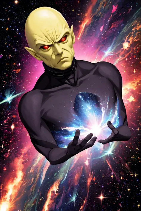 masterpiece, best quality, <lora:zs_YHVH:0.8> yhvhsmt, head, bald, yellow skin, red eyes, no humans, angry, space, galaxy, nebula, stars, black hole, super nova