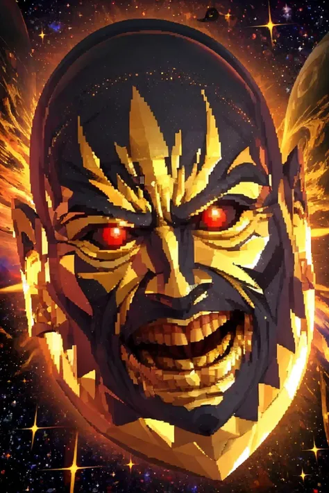 masterpiece, best quality, <lora:zs_YHVH:0.8> yhvhsmt, head, bald, yellow skin, red eyes, no humans, angry, space, galaxy, nebula, stars, black hole, super nova, cosmic, ascension, forge, anvil, ghostly, ghastly, ethereal, reflective, shiny, golden, gold, gold trim, smith, black, dark, darkness