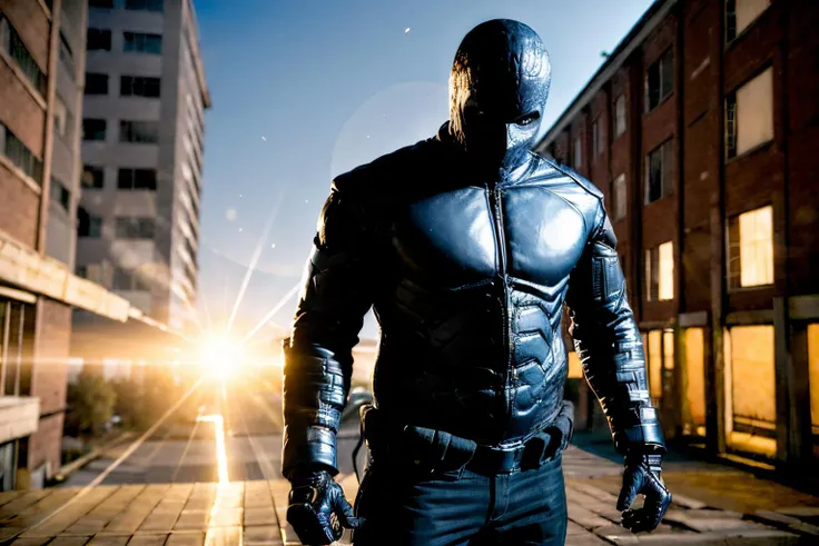 (Realisitc:1.5) edobrendel, man, holding gun, alien, cowboy shot, looking down, 1boy, building, simple background, blurry, black jacket, lens flare, <lora:EdobRendel_v1.0:0.8>