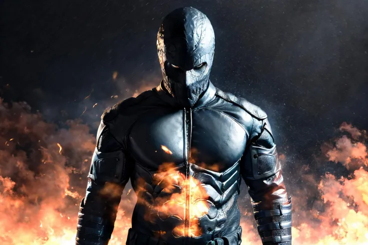 (Realisitc:1.5) edobrendel, man, upper body, looking at viewer, leather, alien, fire, simple background, clenched hands, wall, shoulder armor, male focus, <lora:EdobRendel_v1.0:0.8>
