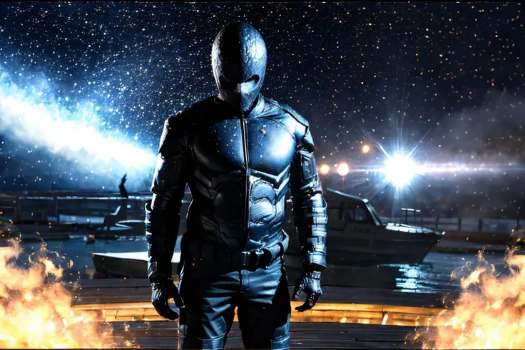 (Realisitc:1.5) edobrendel, man, pants, glowing, watercraft, rain, helmet, black theme, fire, city, starry sky, starry sky, <lora:EdobRendel_v1.0:0.8>
