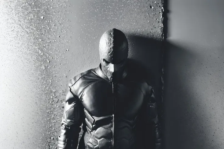 (Realisitc:1.5) edobrendel, man, greyscale, upside-down, depth of field, facing viewer, wall, holding, jacket, greyscale, simple background, realistic, <lora:EdobRendel_v1.0:0.8>