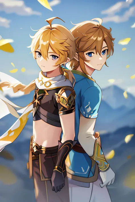 best quality,masterpiece, 2boys ADDCOMM
outdoors ADDBASE
aether,1boy,male focus,blonde hair,ahoge,long hair,hair between eyes,yellow hair,braid,jewelry,earrings,scarf,single earring,single braid,gloves,short sleeves,white scarf ,black gloves,pants,midriff,crop top,navel,<lora:Aether1-10:1>ADDCOL
the legend of zelda, the legend of zelda: breath of the wild and blue tunic<lora:link_offset:1>