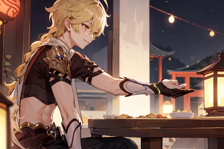 <lora:Aether1-10>, aether, 1boy, solo, male focus, blonde hair, yellow eyes, hair between eyes, long hair, braid, ahoge, midriff, navel, sitting down, table, dinner, smiling, red light, soft light, from side, night, chinese market town