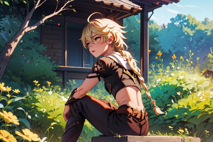 <lora:Aether1-10>, aether, 1boy, solo, male focus, blonde hair, yellow eyes, hair between eyes, long hair, braid, ahoge, midriff, navel, sitting down, looking back, from side