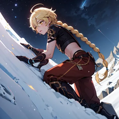 <lora:Aether1-10>, aether, 1boy, solo, blonde hair, yellow eyes, hair between eyes, long hair, braid, ahoge, midriff, navel, (climbing, crawling, mountaineering, hanging:1.2), sweat, from side, from below, foreshortening, mountain, ice, snow, starry sky, night sky, stars