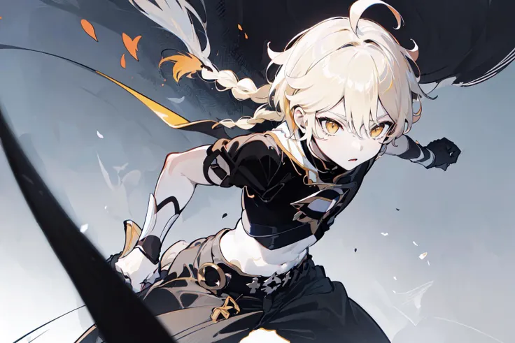 <lora:Aether1-10>, aether, 1boy, solo, male focus, blonde hair, yellow eyes, hair between eyes, long hair, braid, ahoge, midriff, navel, fighting stance, holding sword, scowl, <lora:DB_manga_v2m:1> (manga style, black and white, ink:1.3)