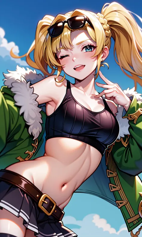 (best quality), (ultra-detailed), (lovely), ((sexy)), ((extremely detailed)), illustration, dynamic angle, green meadow, beautiful sky, 1girl, solo, ((beautiful eyes)), light smile, finger to mouth, ((one eye closed)),
<lora:granblue_zeta:1> zetadark, twintails, sunglasses, eyewear on head, fur trim, jacket, crop top, pleated skirt, thighhighs, belt, midriff,
nice hands, perfect hands, <lyco:GoodHands-beta2:1>