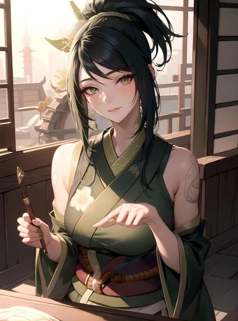 <lora:akali_v2-000038:1>, (((masterpiece))),(((best quality))),(((extremely detailed))),illustration, 1girl,solo,mysterious,vivid color,shiny, long hair tranquil nature, Dome, close up, Dynamic actions, Lens perspective, (((Box composition))),sit cross-legged and lean against the bookshel, volumetric lighting, hyper detailed,light smile, highly detailed, beautiful, small details, ultra detailed, best quality, intricate, 4k, 8k, good anatomy, beautiful lighting, award-winning, akali, looking at viewer, league of legends, arm tattoo, bangs, breasts, hair between eyes, long bangs, long hair, ninja, ponytail, tattoo, tattoo, (((Akali in kimono))), japanese style, blush