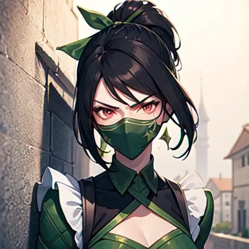 1girl, akali, league of legends, half face masked, ponytail, brunette, red eyes, green ribbon in hair, angry sight, half body, medium breasts, green beautifull maid uniform, dynamic pose, house wall with pictures of puppys background