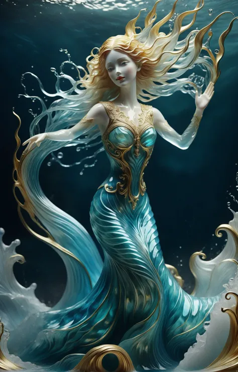 <lora:xl-shanbailing-l4QC} 1011waterV20:0.75> (water element, a beautiful Wallisian siren made of water:2) and dancing with a shy smile, wet skin, ocean wave, in the style of stefan gesell, hyper-detailed, flowing surrealism, muted aquamarine and gold filigree, hans christian andersen, intense close-ups, diorama