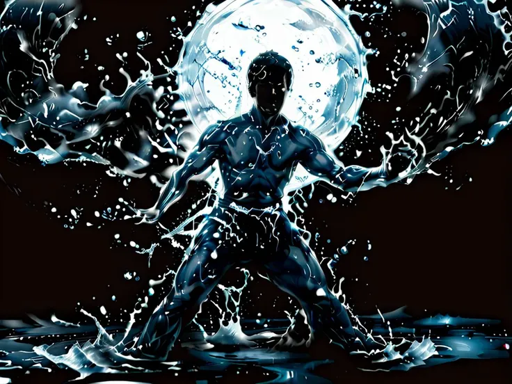 surrealism, fantasy art, digital painting, element (water) theme, (beautiful and aesthetic:1.2), martial arts theme, full body, action theme, (transparency), feng shui, depth of field, view from below, front profile, wide angle lens, (soft focus lens:1.1), focus blur, smooth lines, establishing shot, inspirational  poster art (perseverance), [in the style of The Abyss], [monochromatic], asymmetrical background, (volumetric mist and fog) BREAK
(Cloudy dark skies pierced by a single ray of sunlight background), rocky oceanside cliffs, (distant thunderstorm), heavy rainstorms, (lightning), ocean waves crashing against jagged gray rocks in the distance, tidal wave, tsunami, the Kraken, (large Yin-Yang made entirely of translucent flowing blue water background), duality, paradox, (a humanoid translucent flowing blue water elemental), male, masculine, taking the form of Bruce Lee, looking at the camera, calm, centered, prepared, powerful, intelligent, dangerous, (composed of purely water), martial arts fighting pose (Jeet Kune Do), low spread leg shampoo stance, shirtless, kung fu pants made of water, wide cloth-like water belt flowing behind him, rising from the ocean waters, ocean and man as one, (in the style of Enter the Dragon:1.1), indirect refractive lighting, enhanced background shadows, transparent foreground, dark blue and gray with white highlights color theme, water element, water, wet, ["Be like water, my friend." -Bruce Lee], smooth, (flowing), (liquid), focused, zen <lora:xl-shanbailing-1011-2water:1> <lora:SDXLPaintSplash:0.2> <lora:SDXL_Rain_Sa_May:0.6> <lora:watercd_xl-000008:1>