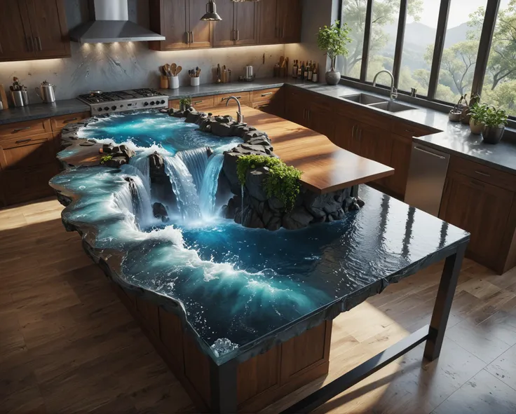 a kitchen island with a waterfall in the middle of it, an exquisite 3 d map, trending on artstatioin, flowing realistic fabric, fantasy 4k, salt effects, big desk, autodesk, epicurious, trending on artsation, lava rock, by Arnold Brügger, high grain, surrealism designed,
ensure that the shadows and lighting looks realistic and believable,
ensure that the kitchen island looks extremely realistic and believable,
ensure that the water and ice, looks extremely realistic and believable,
16k, high-difinition, 32-Bit-high color, high-resolution, high-fidelity, high-quality, ultra HD, super-resolution, enhanced detail, crystal clear, high-definition color, high-definition texture, sharpness boost, ultra-high quality,
make the effects extrem photorealistic, make the light and shadow more realistic, (make the atmosphere more realistic:1.3), (make the background more interesting:1.2), make the backround more realistic, make the hair extrem ultra realistic, make all accessories extremely ultra realistic,
lora:add-detail-xl:0.8, lora:111111111:1, lora:xl-shanbailing-1011-2water:0.8 water element, water, lora:xl0918ice:1.1 ice and water, ice, water, water ring,