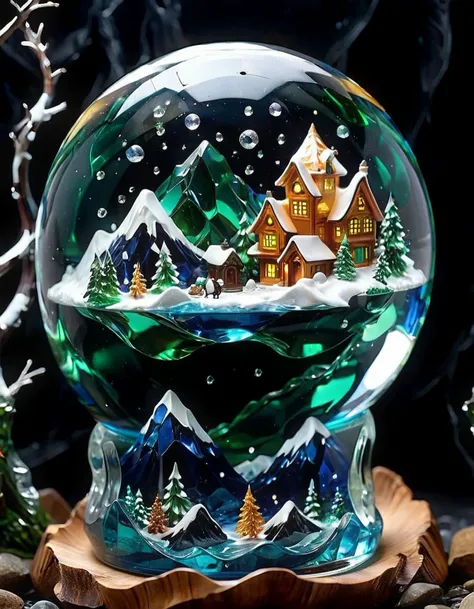 (snow globe:1.2), extremely detailed, (extreme closeup:1.2), dark blue water waves,ambr1,green crystal shards, solid black background,ski slopes lodge scene,