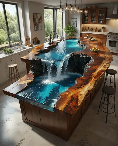 a kitchen island with a waterfall in the middle of it, an exquisite 3 d map, trending on artstatioin, flowing realistic fabric, fantasy 4k, salt effects, big desk, autodesk, epicurious, trending on artsation, lava rock, by Arnold Brügger, high grain, surrealism designed,
ensure that the shadows and lighting looks realistic and believable,
ensure that the kitchen island looks extremely realistic and believable,
ensure that the water looks extremely realistic and believable,
16k, high-difinition, 32-Bit-high color, high-resolution, high-fidelity, high-quality, ultra HD, super-resolution, enhanced detail, crystal clear, high-definition color, high-definition texture, sharpness boost, ultra-high quality,
make the effects extrem photorealistic, make the light and shadow more realistic, (make the atmosphere more realistic:1.3), (make the background more interesting:1.2), make the backround more realistic, make the hair extrem ultra realistic, make all accessories extremely ultra realistic,
lora:add-detail-xl:0.8, lora:111111111:1, lora:xl-shanbailing-1011-2water:0.8 water element, water,