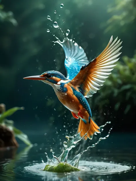 high quality, highly detailed, 8K Ultra HD, diving water kingfisher made of water spray, In this enchanting artwork, the very essence of water transforms into an ethereal kingfisher made of water, each droplet gracefully adorning the wings of a kingfisher made of water in flight, The translucence of the water captures the delicate beauty of the kingfisher made of water, as if nature has granted fleeting wings to the liquid essence, The intricate patterns formed by the aquatic kingfisher made of water evokes a sense of enchantment, their ephemeral forms suspended in time, The play of light on their wings adds a touch of magic, turning ordinary droplets into a symphony of kingfisher made of water, dancing in the realm where water meets whimsical flight, by yukisakura, awesome full color, <lora:xl-shanbailing-1011-2water:1> <lora:MJ52:.2>