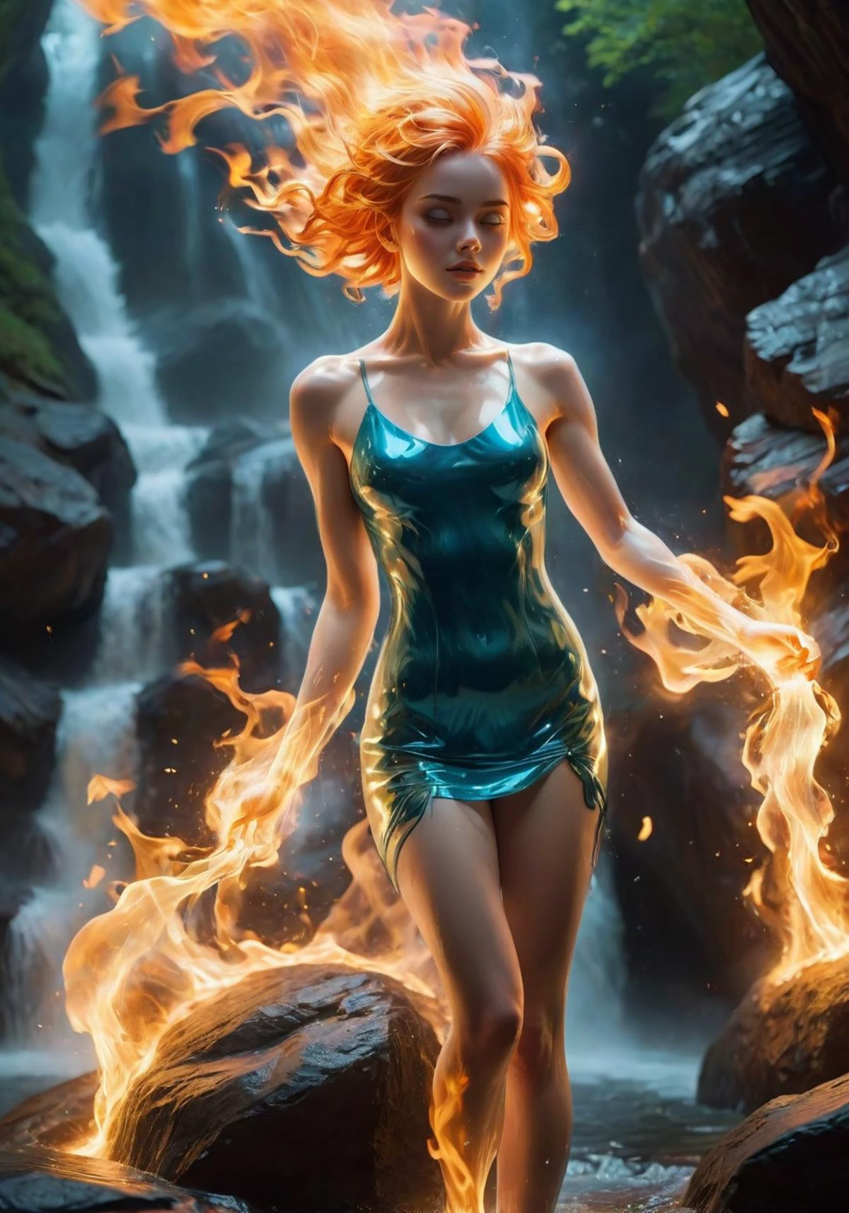 (Masterpiece, high quality, best quality, official art, beauty and aesthetics:1.2),(fire element:1.1),(girl:1.2),<lora:xl-shanbailing-1003fire-000010:0.8>,burning,transparency,fire,(molten rock),flame skin,fiery hair,smoke,cloud,(radiant:1.1),(flames soaring:1.2),(reigniting the divine fire:1.2), atomic bomb, <lora:Explosion Artstyle - Trigger is Explosion Artstyle:0.5>Explosion Artstyle <lora:more_details:1.5>,girl by Fullwater, (liquid body, liquid, water, blue skin: 1), in waterfall, fantasy background, blue lighting, artistic, wearing teal strap dress, (medium closeup), <lora:xl-shanbailing-1011-2water:0.5>