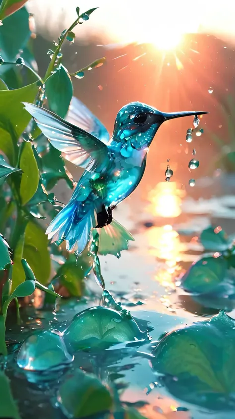 light blue hyperdetailed water hummingbird made of water,marsh at pastel-pink-sunrise,water droplets,translucent luminescence,liquid,dynamic water flow,ultra_detailed,<lora:xl-shanbailing-1011-2water:1>,water element,water,<lora:sss:1>,<lora:MJ52:0.7>,<lora:add-detail-xl:0.7>,