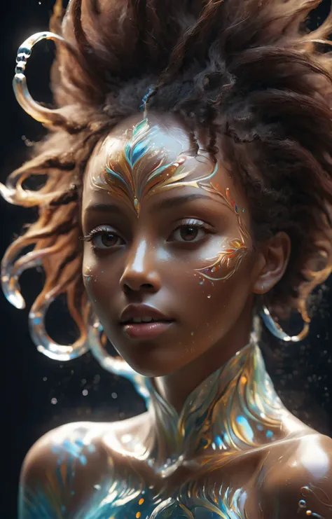 triadic colors, full body, solo, realistic, photorealistic, best quality, masterpiece, ultra high res, finely detailed, quality, realistic lighting, detailed skin, intricate details, raw photo, absurdres, highres, ultra detailed <lora:xl-shanbailing-l4QC} 1011waterV20:0.75> (water element, a beautiful african Somali woman made of water:2) dancing with a shy smile BREAK gorgeous makeup, stunning beauty, detailed skin, skin texture, skin pores, (freckles:1.15) BREAK (reflection, refraction, Rembrandt lighting, diffuse lighting, radiosity, photon mapping, subsurface scattering, atmospheric lighting, dynamic lighting, Multi-exposure HDR capture, Screen Space Global Illumination, Ray Tracing, Lumen Reflections, Tone Mapping, volumetric lighting, Circular polarizer, broad lighting, dramatic lighting, moody lighting:1.3), (explosive light and shadow, lens flare, light particle, lens glare, light particles, Luminescent Particles, floating particles, particles:1.2), (depth of field, blurry foreground, sharp focus, perspective, aerial perspective, film grain, film:1.4), (colorful refraction, iridescent colors, Iridescence:1.1), (dark studio, rim lighting, two tone lighting, dimly lit, low key, rim light, dark theme), watercolor style, soft blending, dreamy washes, delicate textures, brilliant colors, action painting, gestural marks, dynamic brushwork, expressive motion, spontaneous technique, abstract expressionism, energetic compositions, action pose, vibrant glow, dynamic colors, reflective surfaces, Overdetailed art, Water color painting, (atmosphere, Cosy, Peaceful, Hopeful:1.1), (Glowing ambiance, enchanting radiance, luminous lighting, ethereal atmosphere, mesmerizing glow, evocative hues, captivating coloration, enchanting aura, melancholic soft light:1.1), official art, beautiful and aesthetic, beautiful, (zentangle, mandala, tangle, entangle), (ecstasy of flower:1.1), the most beautiful form of chaos, elegant, a brutalist designed, vivid colors, romanticism, atmospheric, warm tone, soft light, (fractal art) BREAK delicate, Ultrarealistic, drawing, Detailed illustration, extremely detailed CG Unity 8k wallpaper, cinematic, dramatic, PBR Texturing, huge filesize, 8k uhd, octane render, unreal engine 5