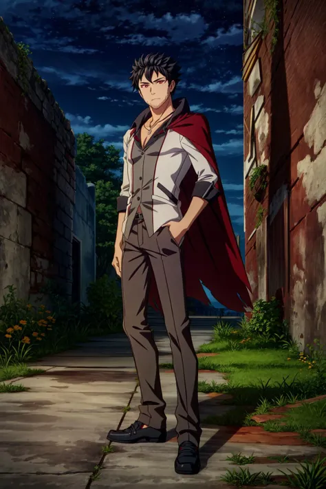 masterpiece,best quality,extremely detailed,(solo), mature male, <lora:RWBYQrow-05:0.8>,strqrow,(qrow branwen), red eyes, black hair,cape, shirt, vest, pants, stubble, full body, outdoors, shoes, night, ruins, socks