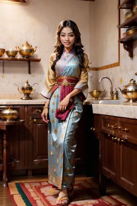 In a modest yet tastefully adorned living space in Kuala Lumpur, Malaysia, a young Malaysian woman, Puteri Yap, aged approximately 24 years, engages in the meticulous task of brewing traditional Malaysian Teh Tarik. Her lithe figure moves with practiced grace as she navigates the compact kitchen, the aroma of brewing tea leaves mingling with the faint scent of jasmine incense. Clad in a vibrant baju kurung, a traditional Malay attire consisting of a long-sleeved blouse (baju) paired with a long skirt (kain), both crafted from delicate batik fabric embellished with intricate floral motifs in hues of crimson and gold, she epitomizes elegance. The soft fabric drapes gently around her form, accentuating her youthful silhouette. A coordinating hijab, meticulously wrapped to perfection, frames her youthful face, her almond-shaped eyes glimmering with concentration as she deftly pours boiling water into a teapot. Adorned with delicate silver bangles and a pair of traditional beaded sandals known as 'kasut manek', her attire seamlessly marries tradition with modernity, embodying the rich cultural heritage of Malaysia.
ornate detail
<lora:edgMalaysianDollLikenessv1:0.8> edgMal_woman,edgMal_face,edgMal_body,
<lora:details ++:0.8> Details++