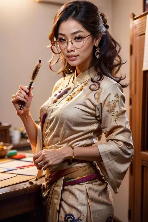 In a bustling apartment located in George Town, Penang, Malaysia, 27 year-old __fem-malay-names diligently engages in the task of honing her calligraphy skills. With focused precision, she maneuvers her calligraphy brush across a parchment, her movements deliberate and practiced. Draped in a fusion of contemporary and traditional attire, she wears a tailored baju kebaya blouse intricately woven with motifs inspired by local flora, paired seamlessly with modern culottes in a neutral tone. A vibrant sarong is elegantly wrapped around her waist, adding a splash of color to her ensemble. Her hair, styled in a simple bun, accentuates her composed demeanor, while a pair of artisanal spectacles perched upon her nose lends an air of intellectual sophistication. As she meticulously crafts each stroke, her dedication to the art form is evident, her calligraphy imbued with a sense of cultural reverence and artistic finesse.
__detail__
<lora:edgMalaysianDollLikenessv1:0.8> edgMal_woman, edgMal_face, edgMal_body
<lora:details ++:0.8> Details++