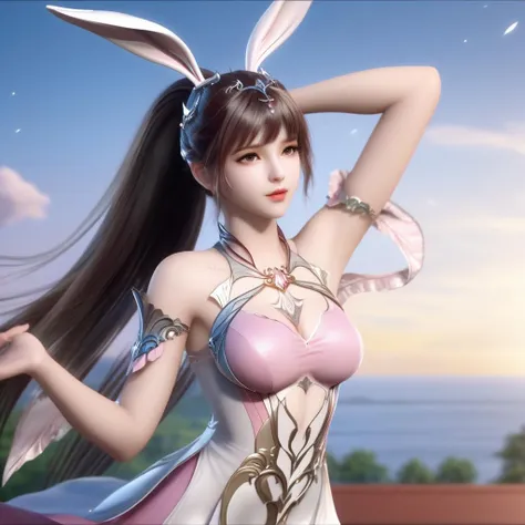 (8k, RAW photo,  masterpiece:1.2),solo,pov,,(super realistic, photo-realistic:1.3), ultra-detailed, extremely detailed cg 8k wallpaper,hatching (texture),skin gloss,light persona,,(crystalstexture skin:1.2), (extremely delicate and beautiful),(((full body:1.2))),
lecture hall, students, textbooks, professor ,,beautiful detailed water,beautiful detailed sky,,1girl,arms behind head,long_hair, solo, very_long_hair,rabbit_ears, animal_ears,bare_shoulders,ponytail,pink dress,
(full shot), (breasts,medium_breasts, cleavage:1.2),looking_at_viewer, xwhd, <lora:85xwxl:0.8>