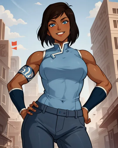 <lora:Korra:0.6>, solo, 1girl, korra, sleeveless, blue shirt, blue pants, short hair, brown hair, smile, blue eyes, vambraces, armband, dark skin, muscular female, teeth, city, hands on hip, brown skirt, 1920s \(style\)